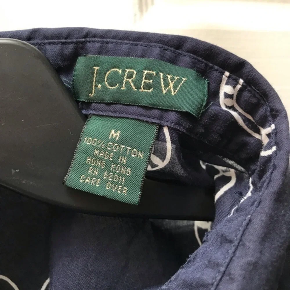 J Crew Navy with White Print Collared, Long Sleeved Top-Medium